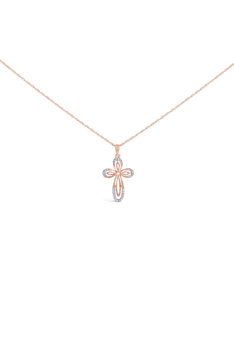 10K Rose Gold Plated Sterling Silver 1/6 Cttw Diamond Double Loop Cross Pendant Necklace, Main, color, Rose Gold over Silver