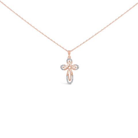 10K Rose Gold Plated Sterling Silver 1/6 Cttw Diamond Double Loop Cross Pendant Necklace