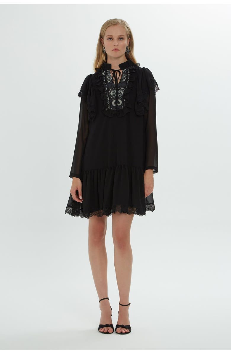 Gizia Long Sleeve Mini Dress with Tulle Details, Main, color, Black