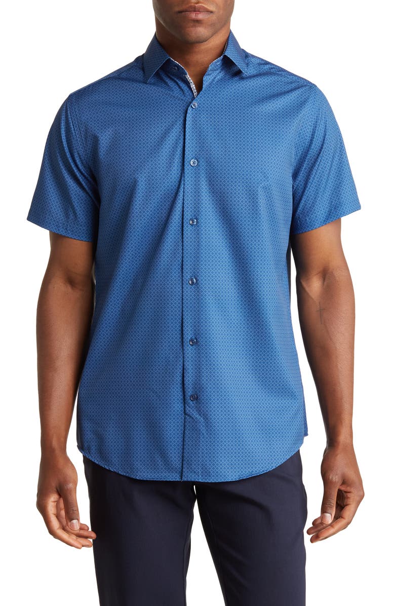 TOM BAINE Slim Fit Performance Short Sleeve Button-Up Shirt, Main, color, Blue