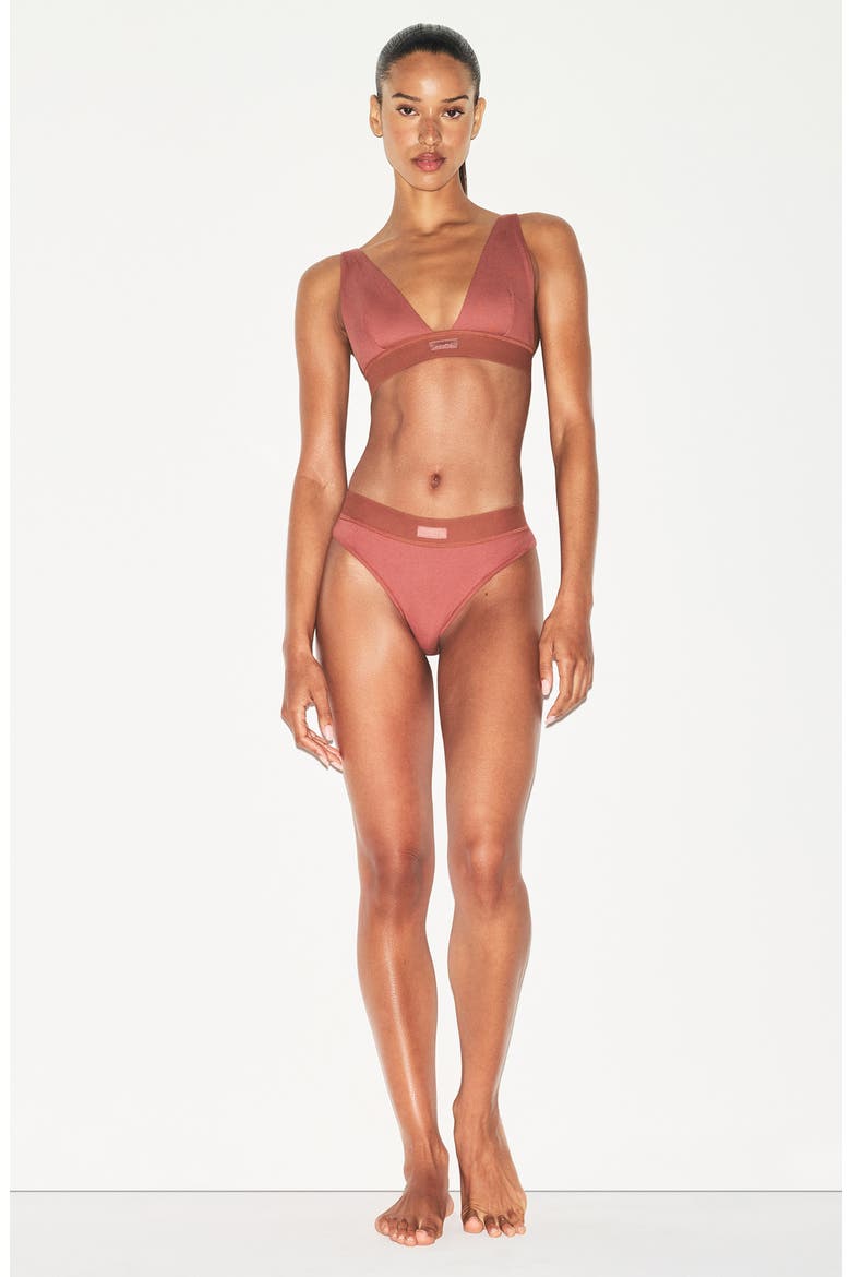 Stretch Cotton Rib Plunge Bralette, Alternate, color, REDWOOD