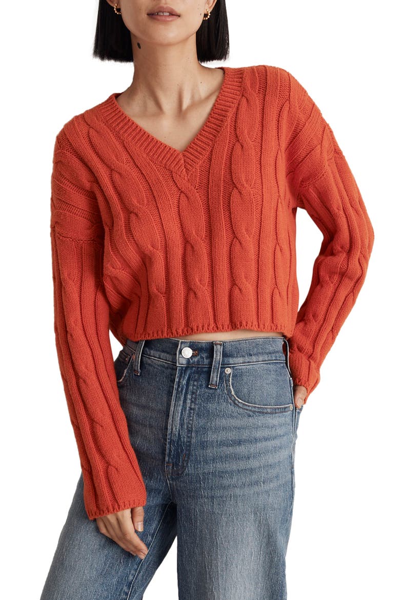 Cable Knit V-Neck Crop Sweater, Main, color, ROASTED SQUASH