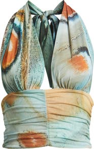 Feners Festa Print Plunge Halter Neck Crop Top