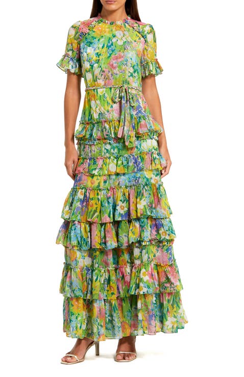 Floral Printed Chiffon Tiered Ruffle Gown