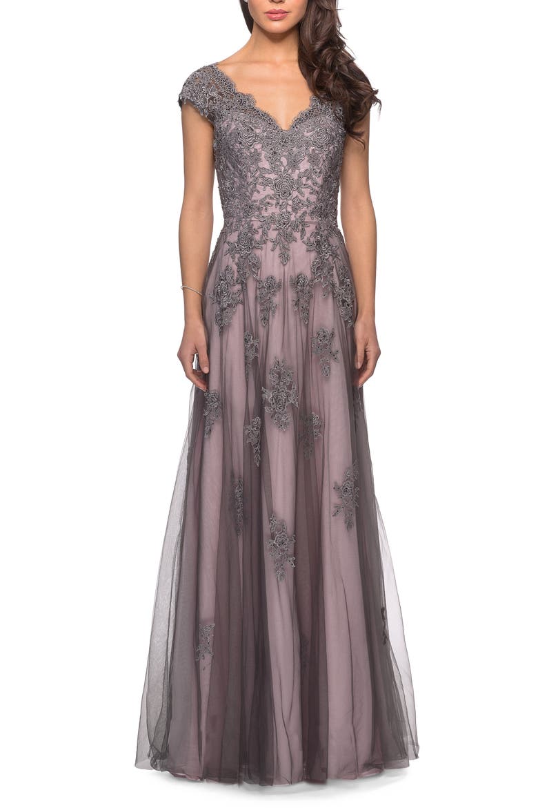 Tulle Evening Gown with Embroidery and Cap Sleeves, Main, color, Pink/Gray