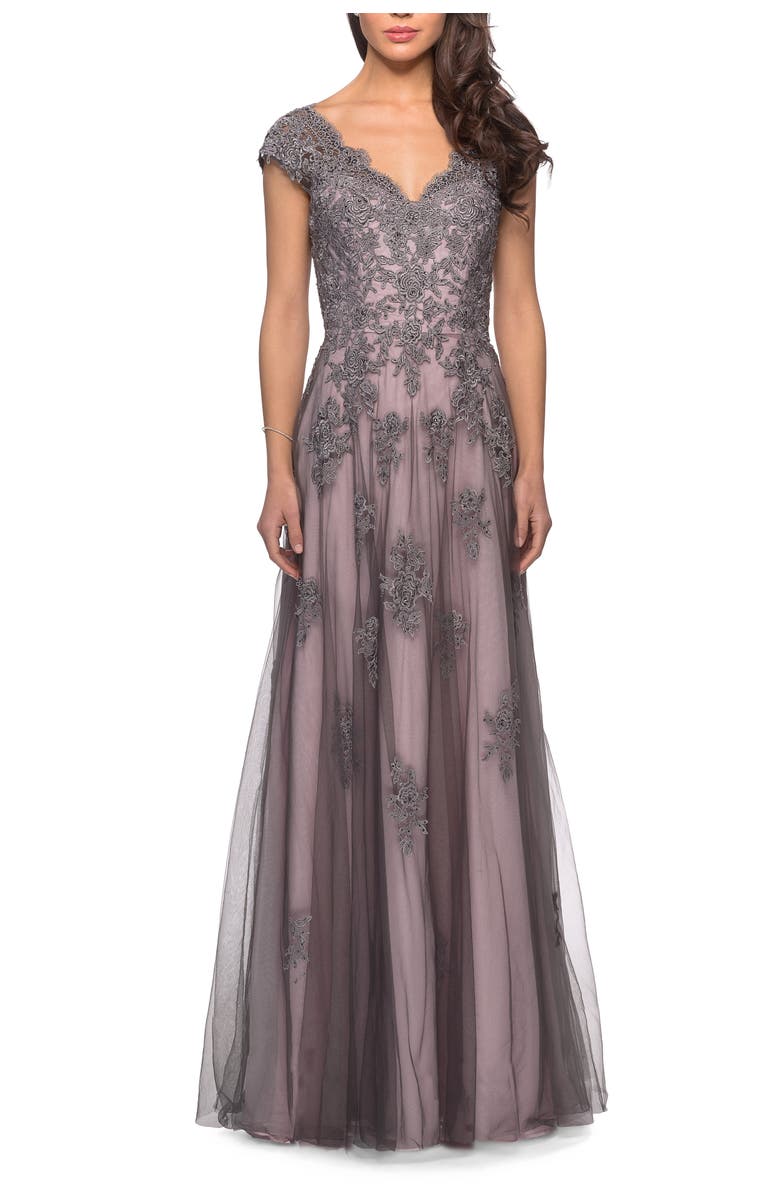 La Femme Tulle Evening Gown with Embroidery and Cap Sleeves, Main, color, Pink/Gray