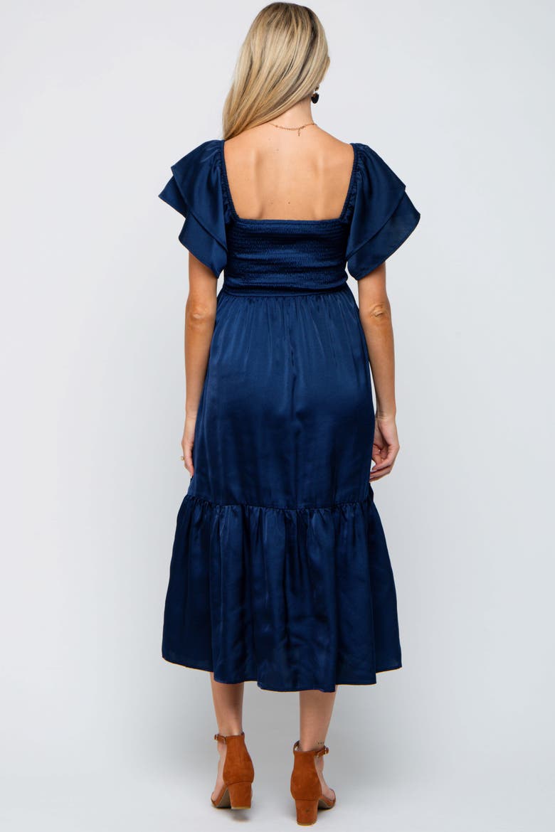 Satin Flutter Sleeve Midi Dress, Alternate, color, Navy Blue