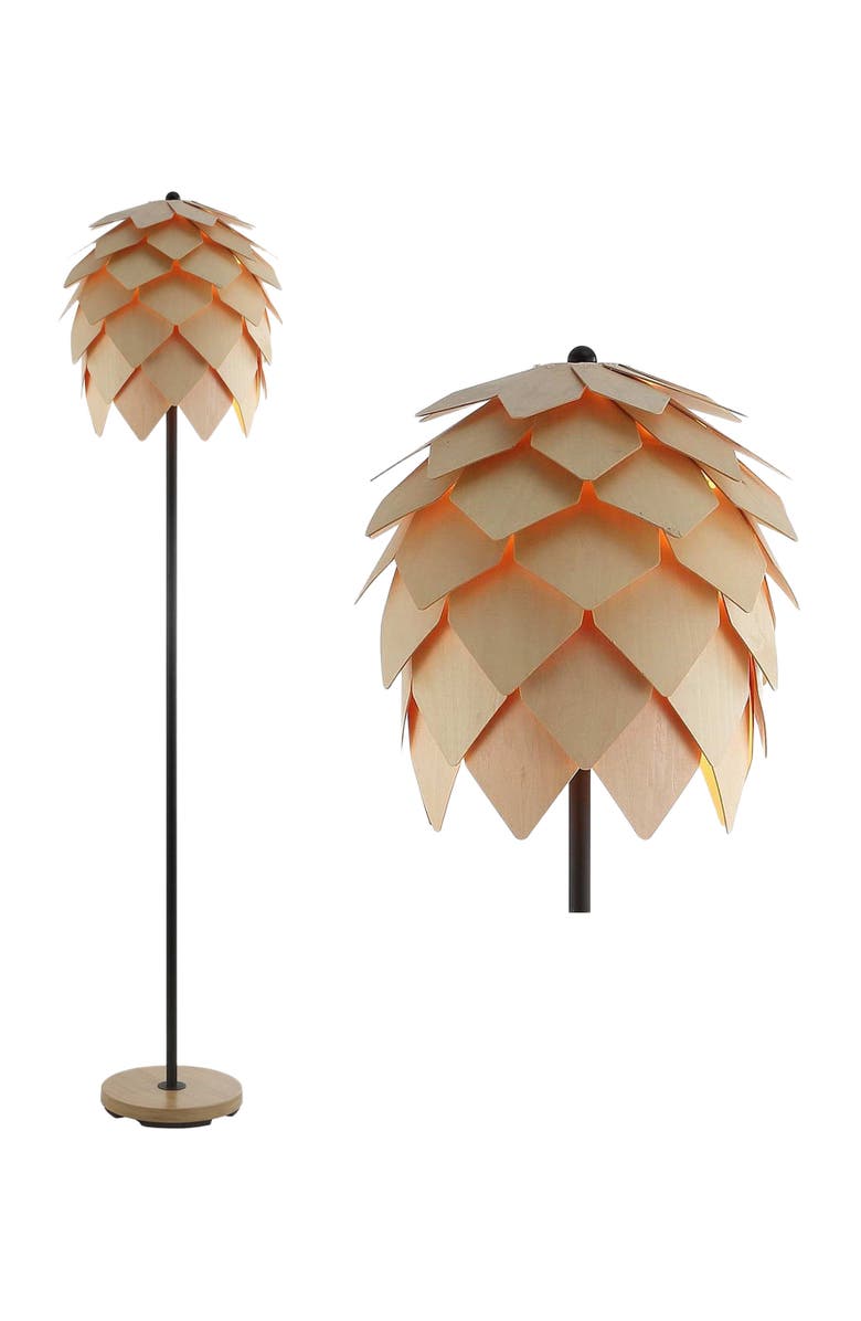 JONATHAN Y Simon 63" Pinecone Wood/Metal LED Floor Lamp, Natural/Black, Main, color, Natural/Black