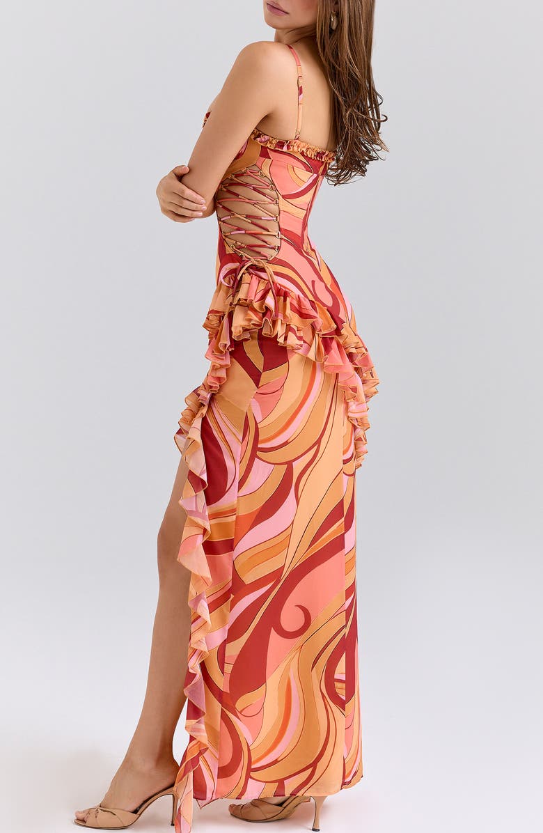 HOUSE OF CB Lumira Print Ruffle Gown, Alternate, color, Sunset Swirl Print