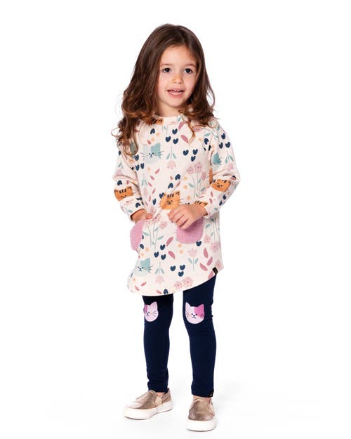 Deux Par Deux Organic Cotton Jersey Leggings With Cats In Blue