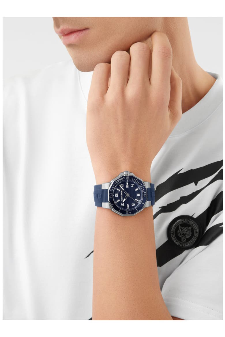 Titan Silicone Band Watch, 44mm, Alternate, color, STAINLESS STEEL/ BLUE