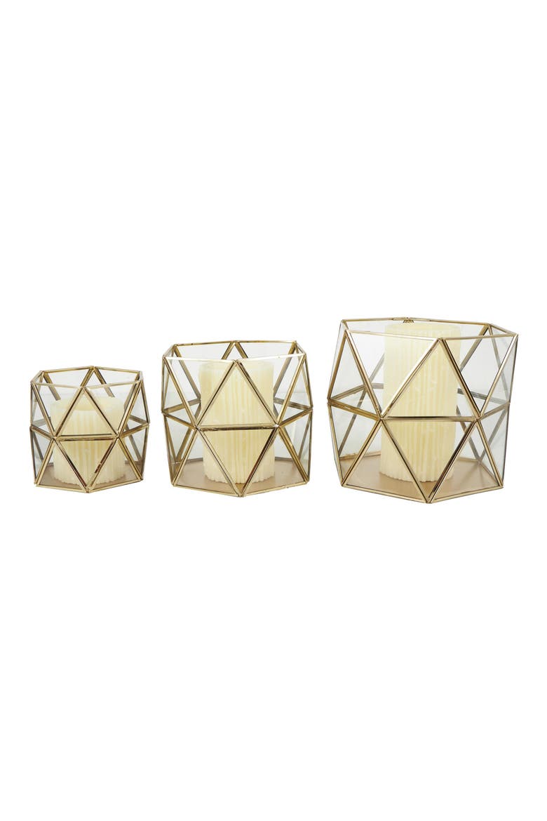 Set of 3 Modern Metal Lantern Candle Holders, Main, color, GOLD