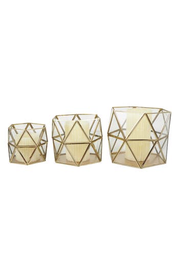 Uma Set Of 3 Modern Metal Lantern Candle Holders In Gold