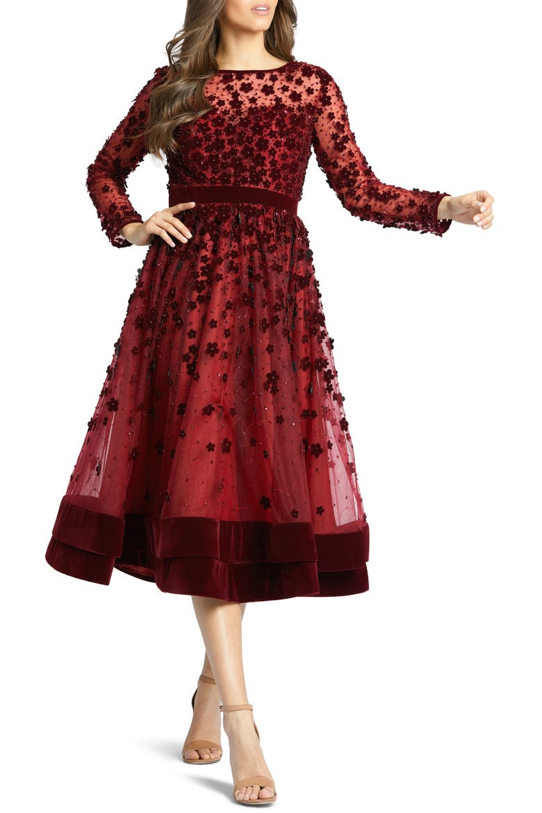 Long Sleeve Fit & Flare Velvet Embellished Cocktail Dress, Main, color, BURGUNDY