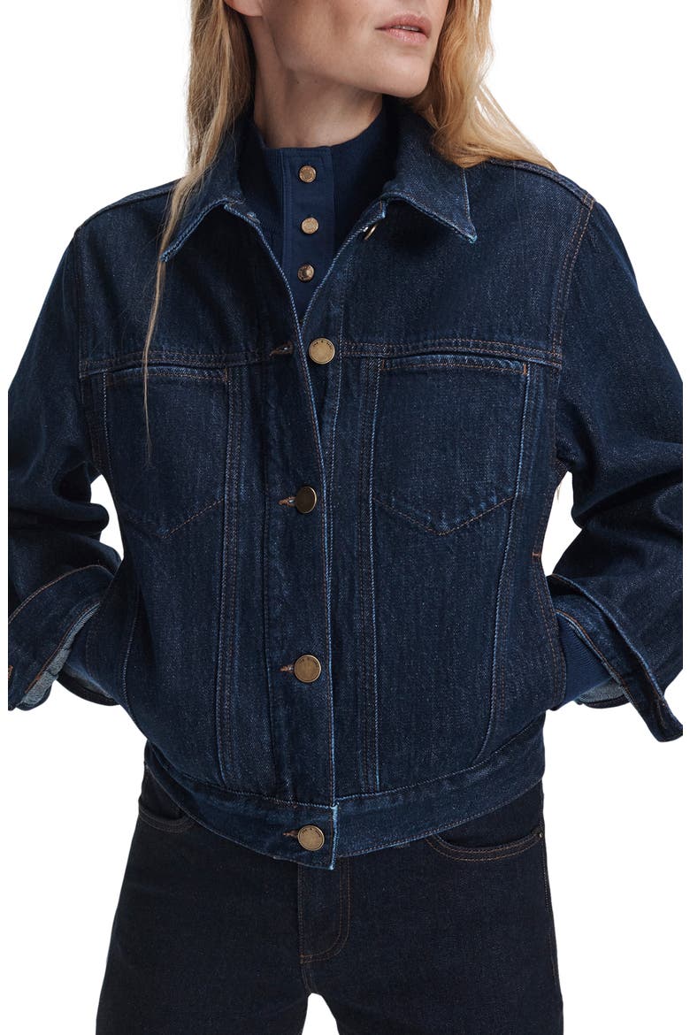 Marie Denim Trucker Jacket, Main, color, DARK RINSE