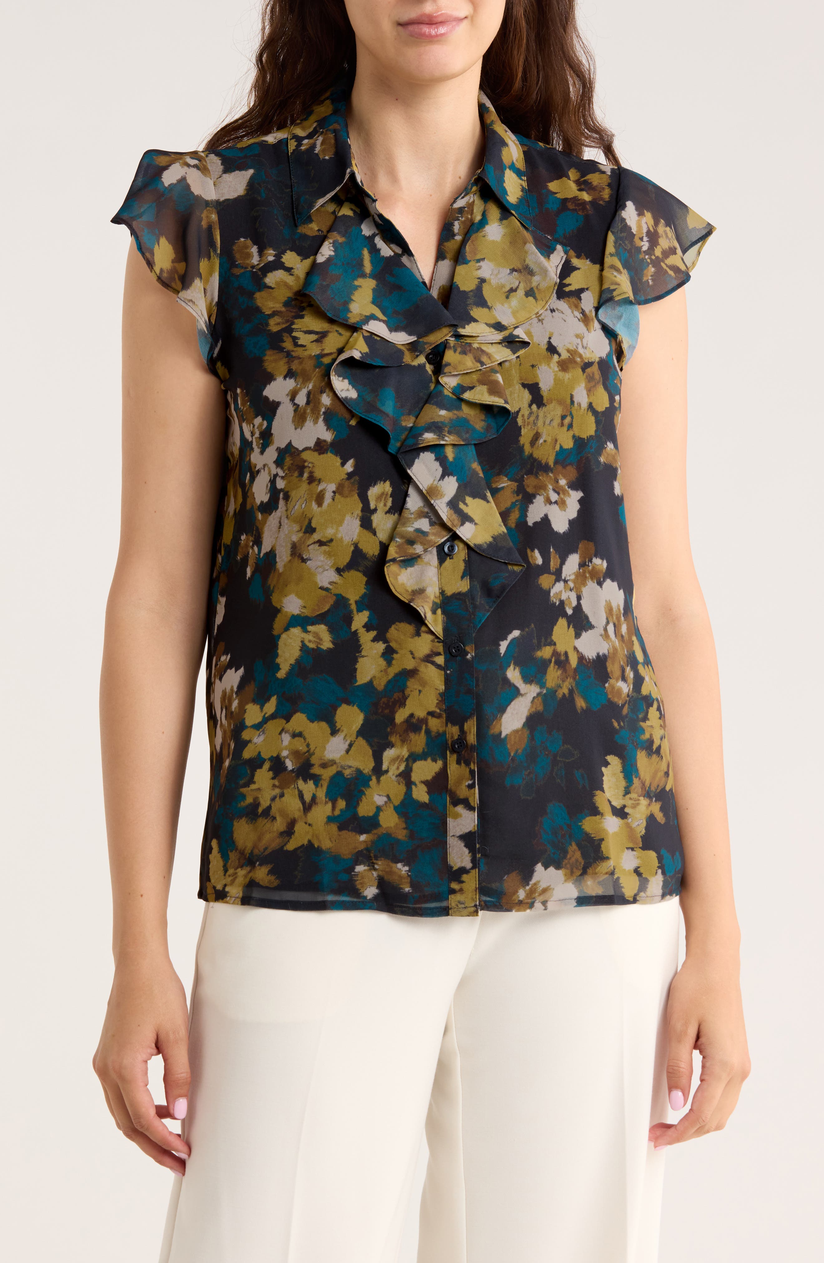 Calvin Klein Cap Sleeve Ruffle Front Button-Up Top