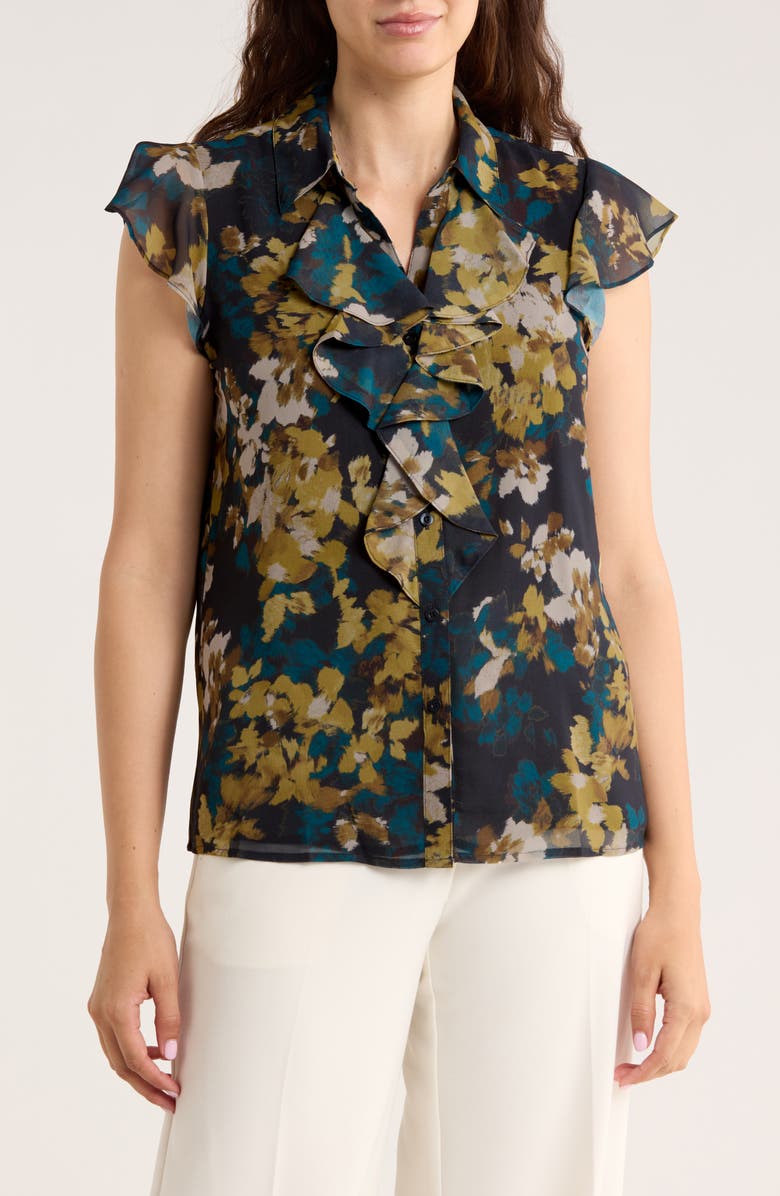 Calvin Klein Cap Sleeve Ruffle Front Button-Up Top, Main, color, Navy Muti