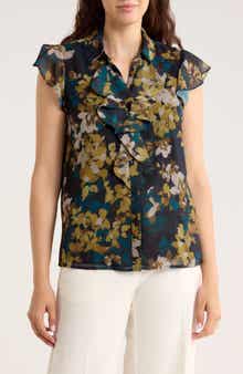 Calvin Klein Cap Sleeve Ruffle Front Button-Up Top