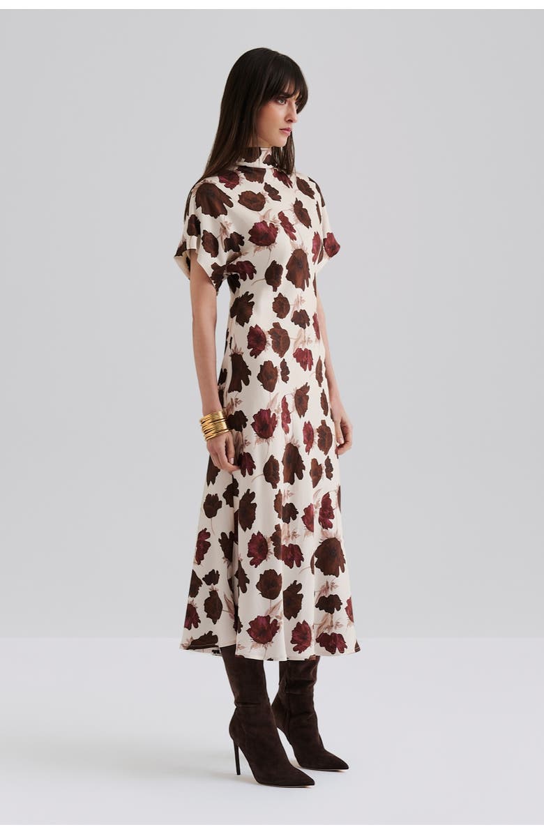 Malina Alivia Short Sleeve Satin Midi Dress, Main, color, Wine Peony