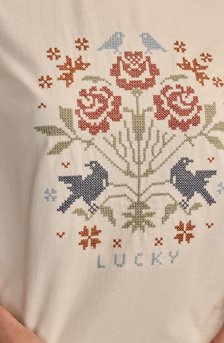 Lucky Brand Floral Cross Stitch Embroidered Cotton Graphic T-Shirt, Alternate, color, Whitecap Gray