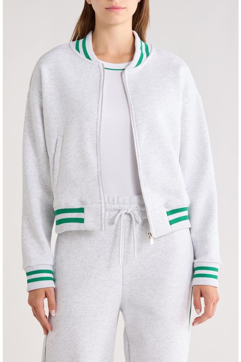 Silicone Varsity Stripe Fleece Zip Jacket, Main, color, HEATHER LIGHT GREY/ GREEN