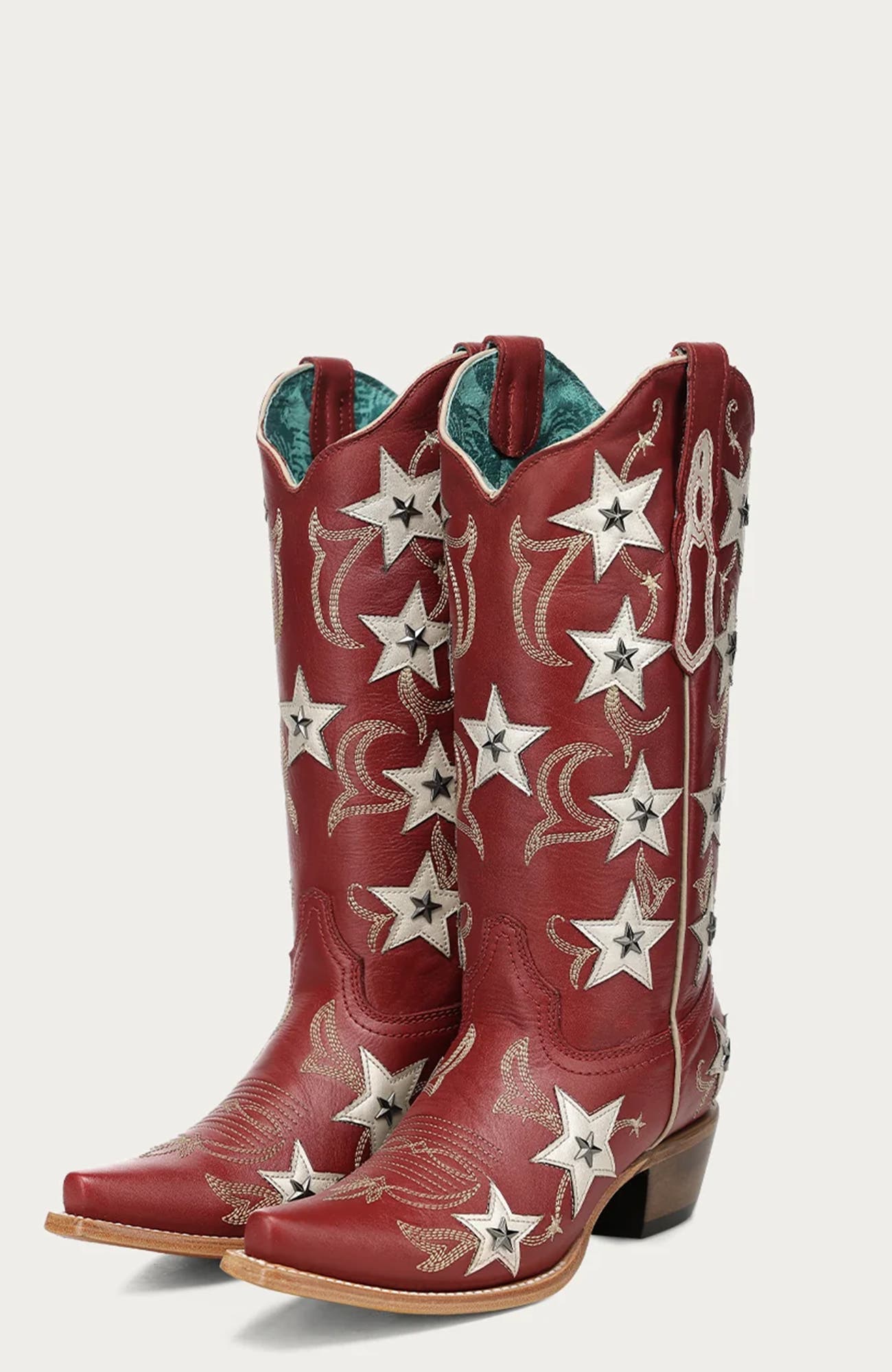 Detailed Embroidery Leather Overlay Studded Western Boots, Alternate, color, Red