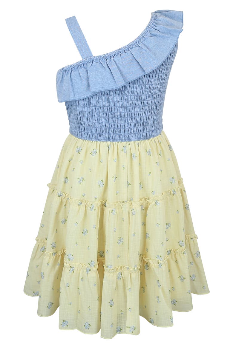 Kids' One Shoulder Smocked Dress, Alternate, color, DENIM/ YELLOW