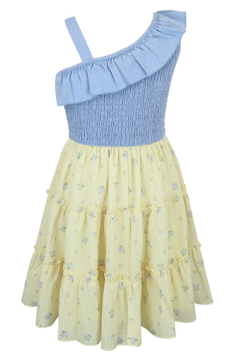 Zunie Kids' One Shoulder Smocked Dress, Alternate, color, Denim/ Yellow