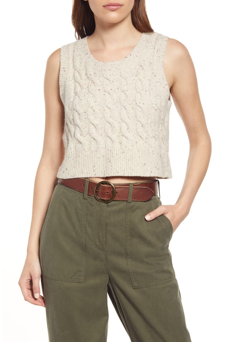 Crop Cable Knit Cotton Blend Sweater Tank, Main, color, BEIGE OATMEAL HEATHER COMBO