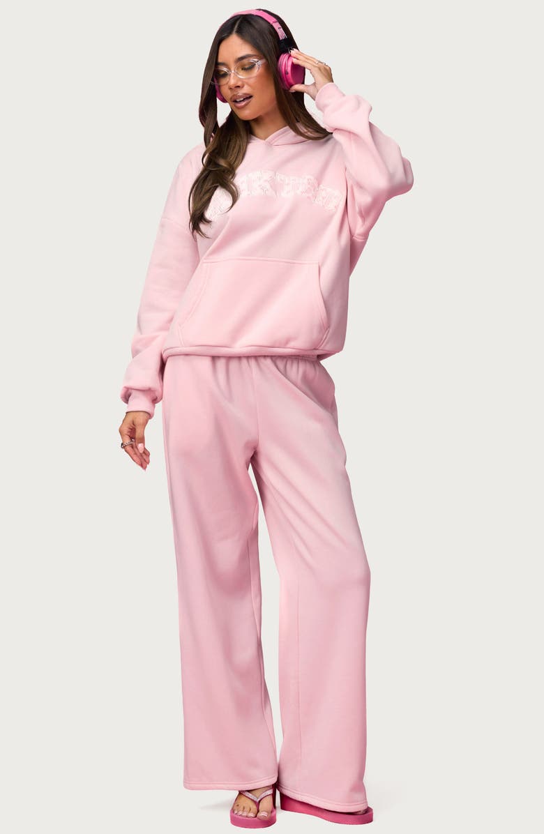EDIKTED x Barbie<sup>™</sup> Heart Logo Wide Leg Sweatpants, Alternate, color, Light-Pink