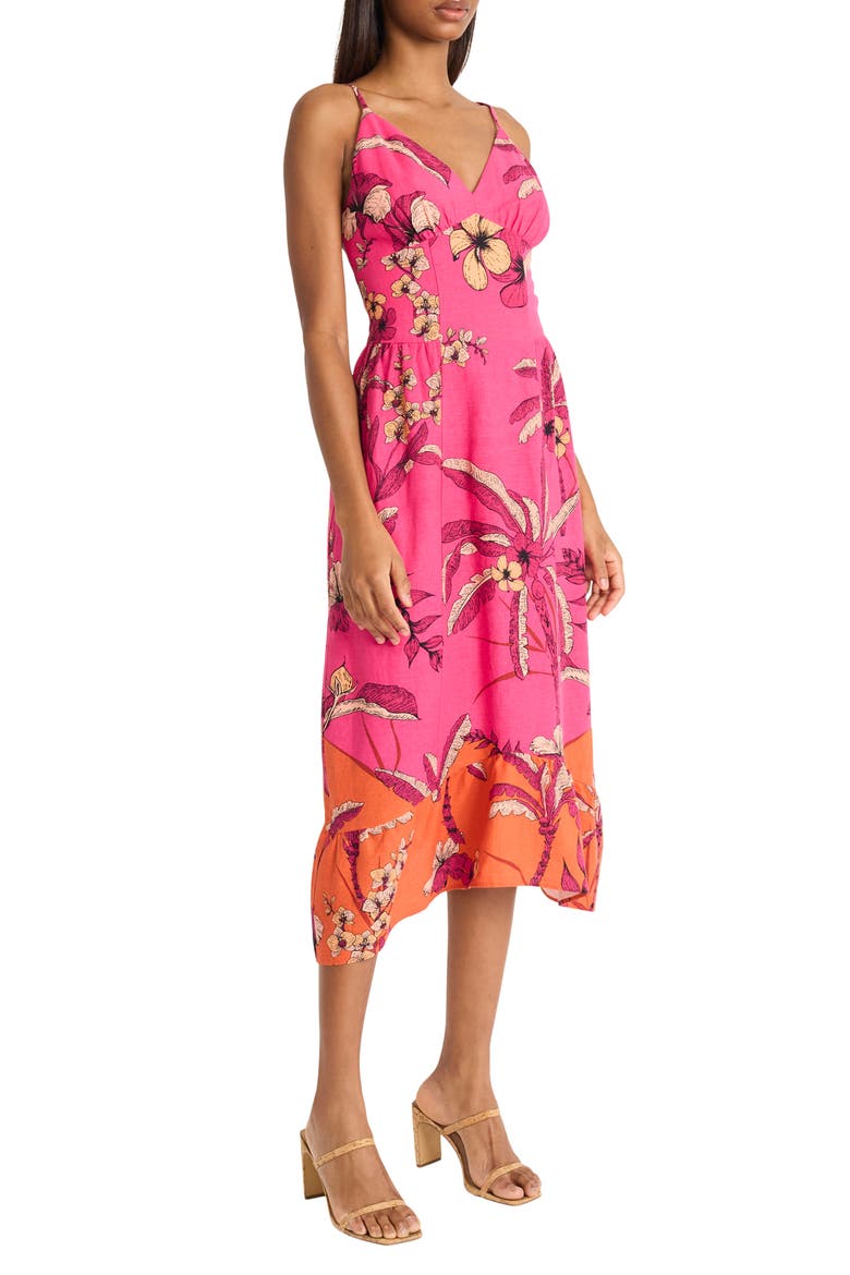 Floral Linen Blend Fit & Flare Midi Dress, Alternate, color, PINK POWER/ LIGHT RUST
