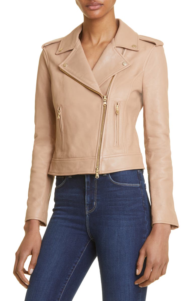 L'AGENCE Lambskin Leather Biker Jacket, Alternate, color, 
