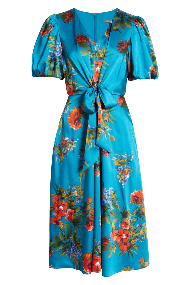 Floral Tie Waist A-Line Midi Dress, Alternate, color, TEAL MULTI