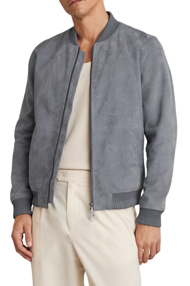 Burnham Suede Bomber Jacket, Main, color, DENIM BLUE