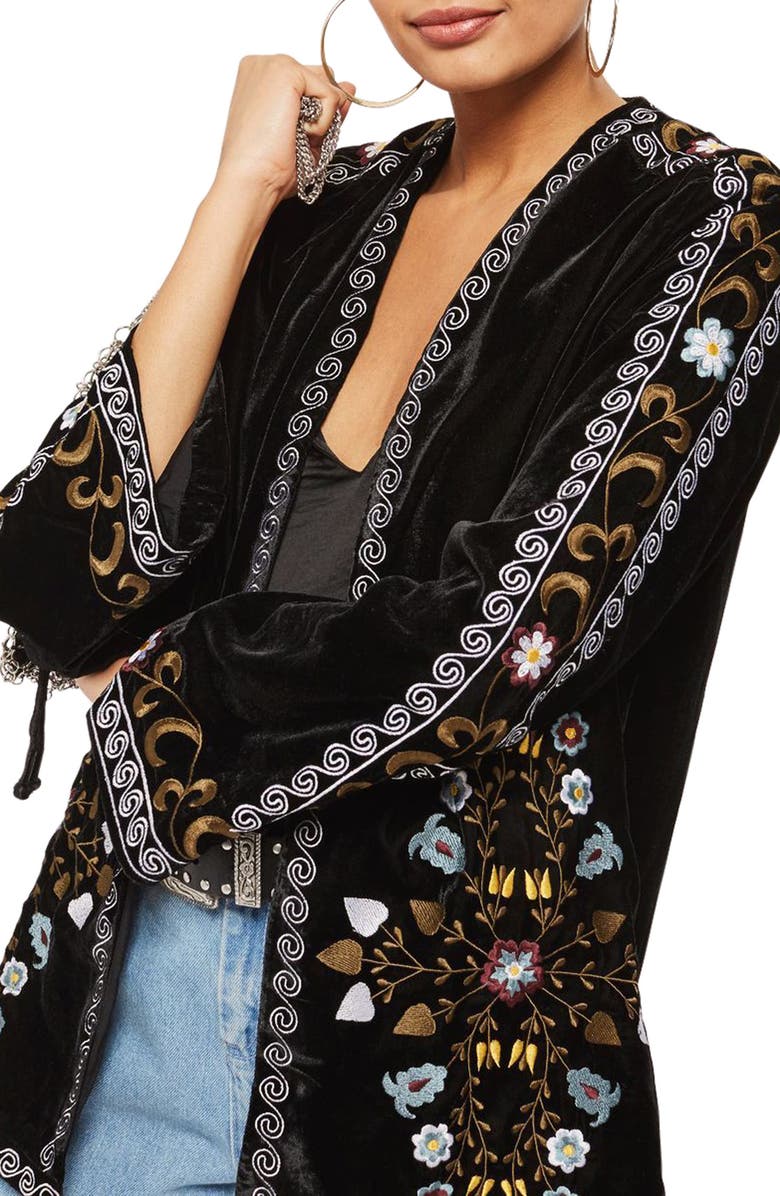 Topshop Embroidered Velvet Short Kimono, Main, color,