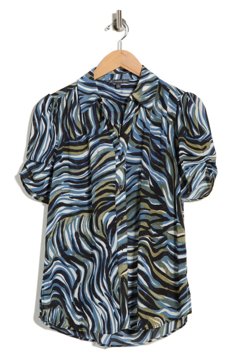 Patterned Pinch Sleeve Button-Up Shirt, Alternate, color, BLUE WAVY SQUIGGLE