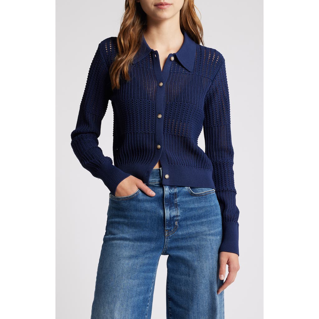 Frame Cropped Tape-yarn Cardigan In Navy