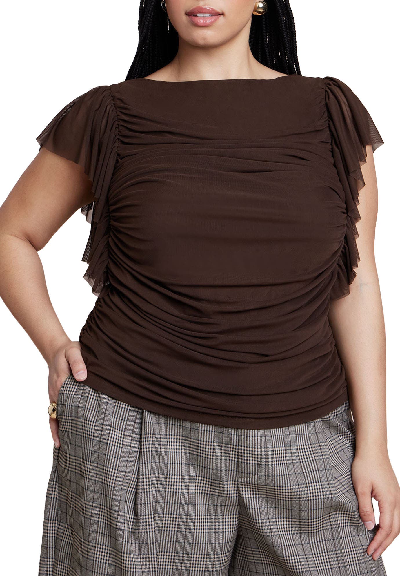 Shirred Mesh Top With Shoulder Flounces