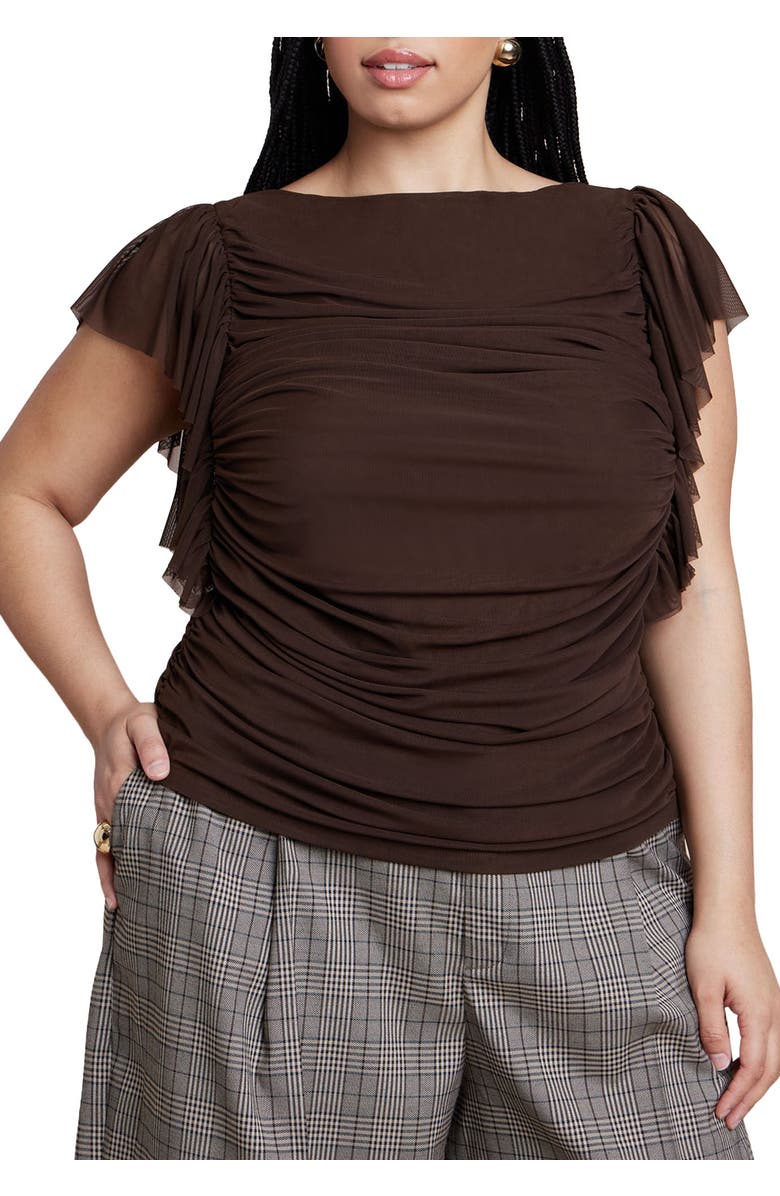 ELOQUII Shirred Mesh Top With Shoulder Flounces, Main, color, Chicory Coffee