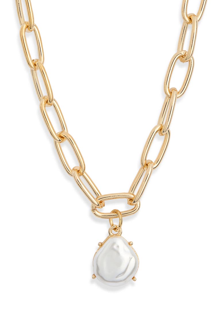 Paperclip Faux Pearl Necklace, Main, color, WHITE- GOLD