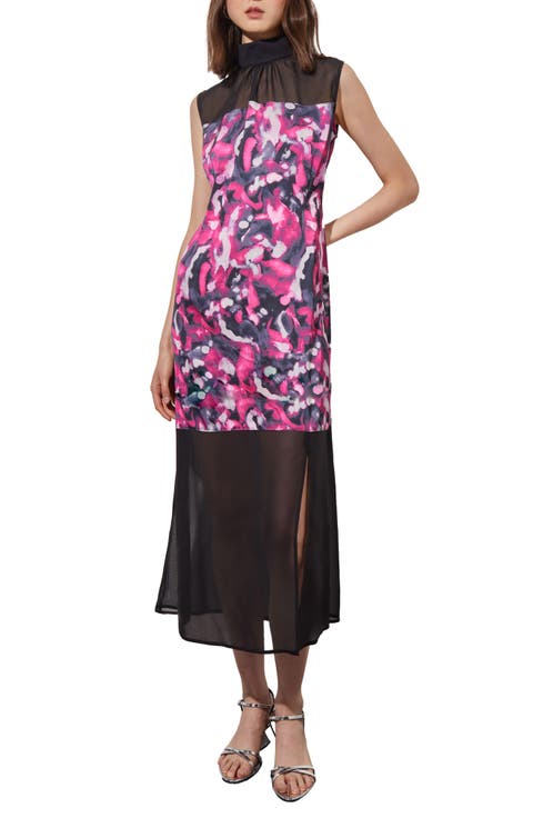 Abstract Floral Mixed Media Midi Dress