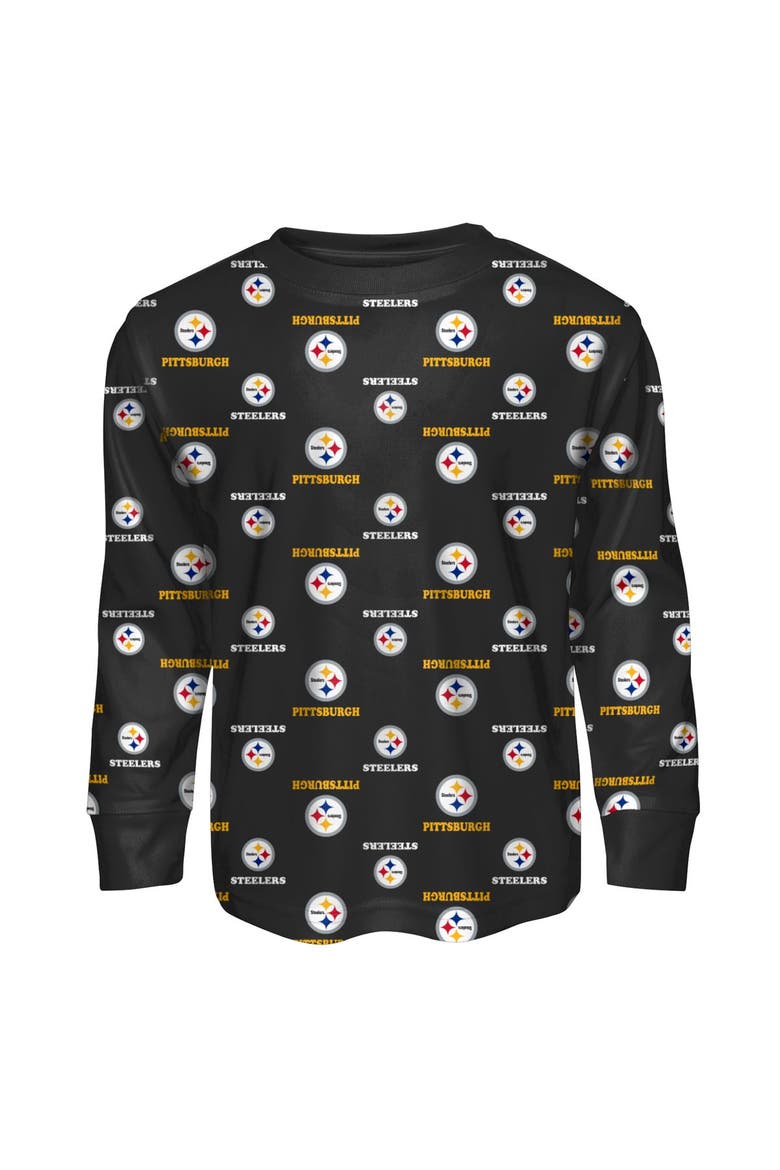 Youth Outerstuff Black Pittsburgh Steelers All-Over-Print Long Sleeve T-Shirt and Pants Sleep Set, Alternate, color, Black