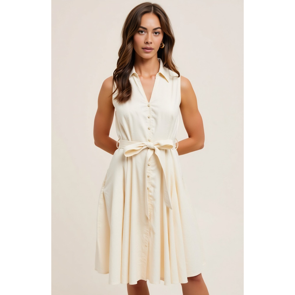 Modenaire Sleeveless Button-front Tie Waist Shirt Collar Fit-and-flare Dress In Neutral