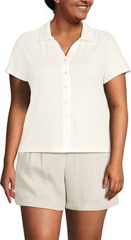 Lands' End Linen Blend Short Sleeve Button Front Polo Top
