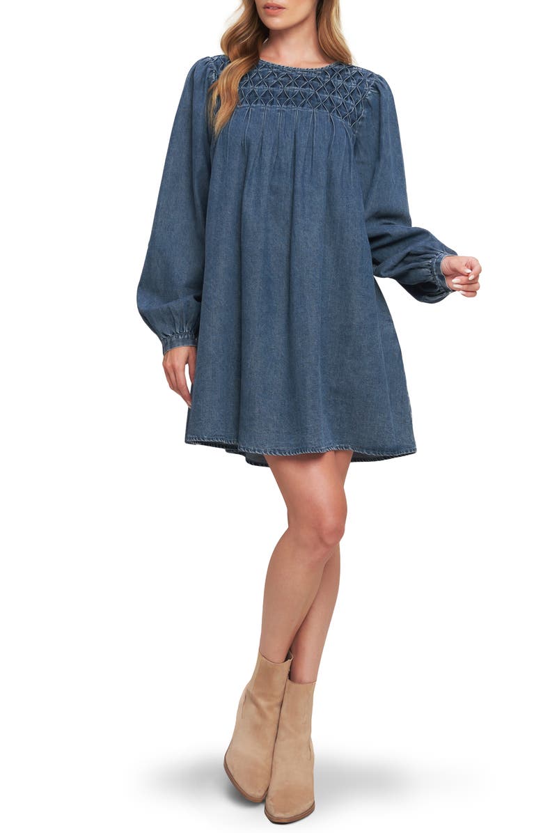 FLYING TOMATO Long Sleeve Denim Minidress, Main, color, Medium Indigo