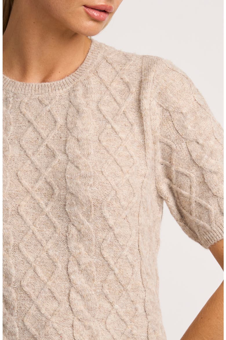Fuzzy Cable Stitch Short Sleeve Crewneck Sweater, Alternate, color, SANDY PERU