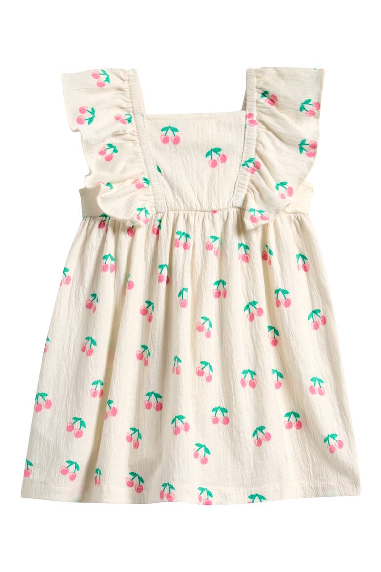 Cherry Print Ruffle Crinkled Jersey Dress, Alternate, color, OFF WHITE