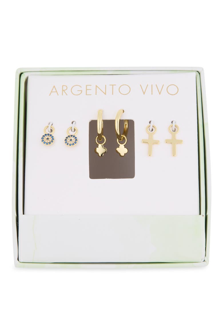 Set of 3 Cross & Evil Eye Charm Earrings, Main, color, GOLD