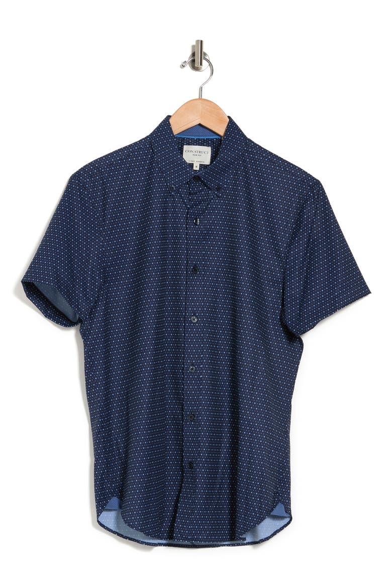 Slim Fit Microdot Short Sleeve 4-Way Stretch Performance Button-Down Shirt, Alternate, color, NAVY
