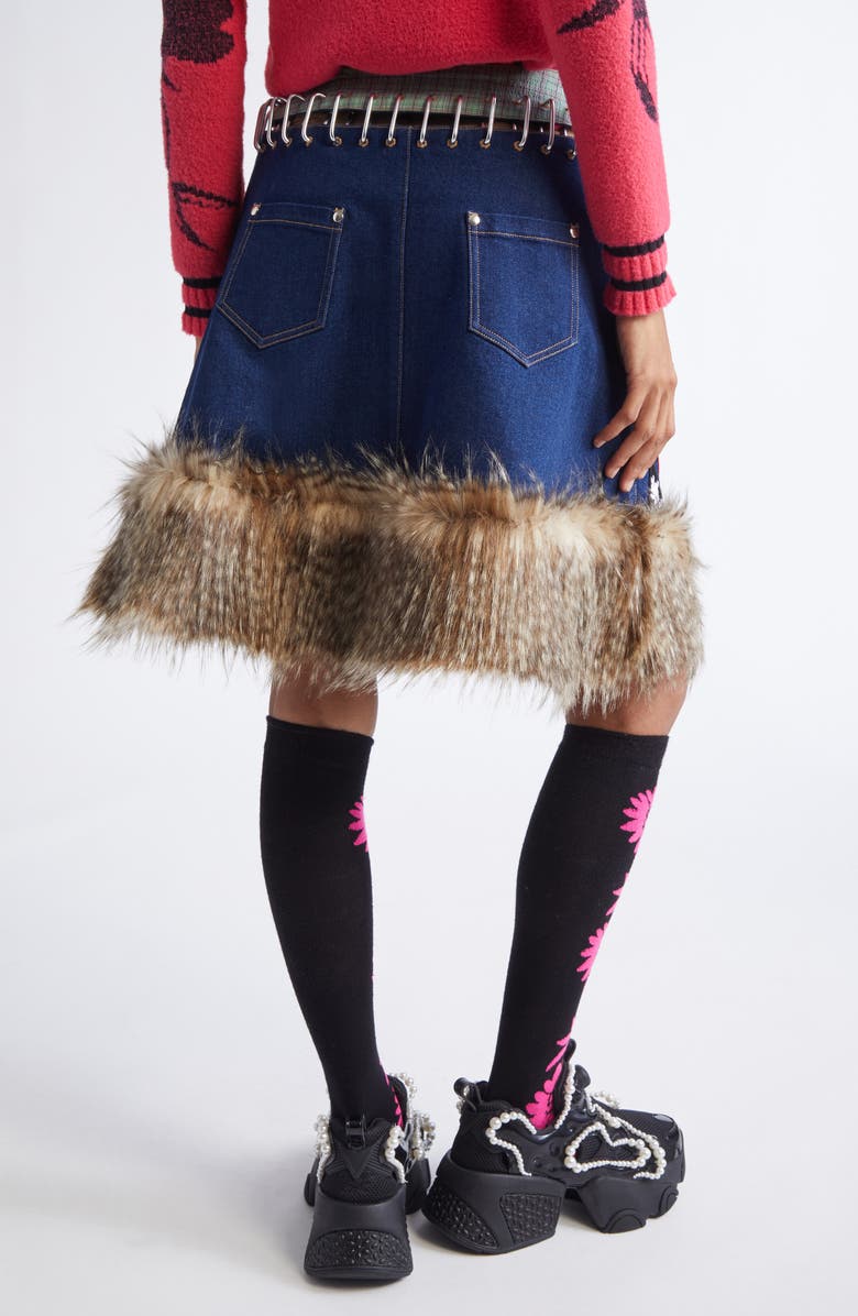 Chopova Lowena Kram Button & Patch Embellished Carabiner Skirt with Faux Fur Trim, Alternate, color, Blue Multi